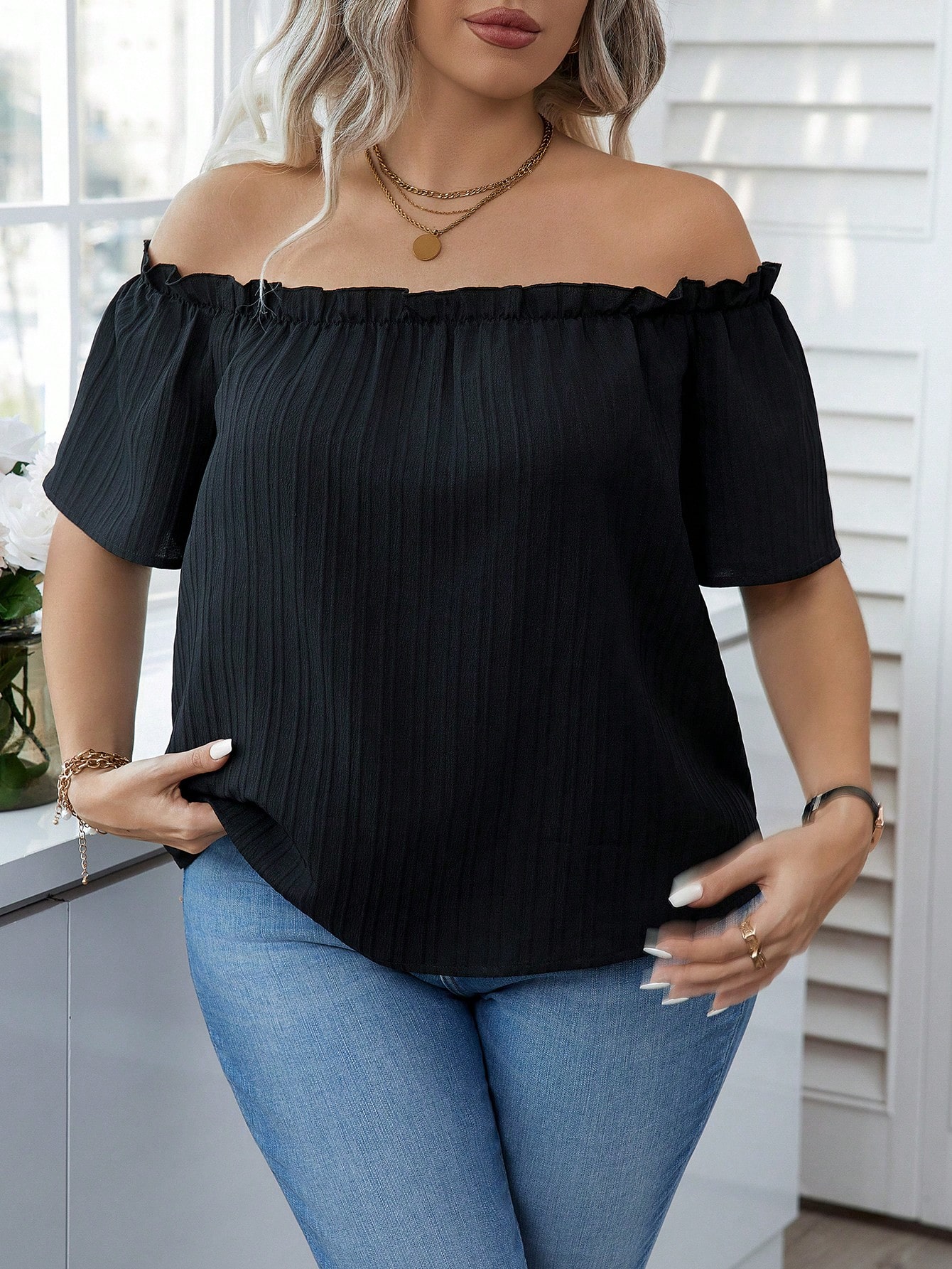 Blouse Off Shoulder - Top nero da donna, sexy, con